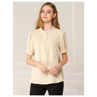 Women's  Top Puff Sleeve Half Placket Ruffled Shirt Women's Vintage Office Blouse