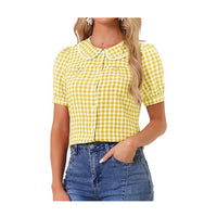 Allegra K Women's Plaid Blouse Puff Short Sleeve Gingham Peter Pan Collar Button Down Shirt