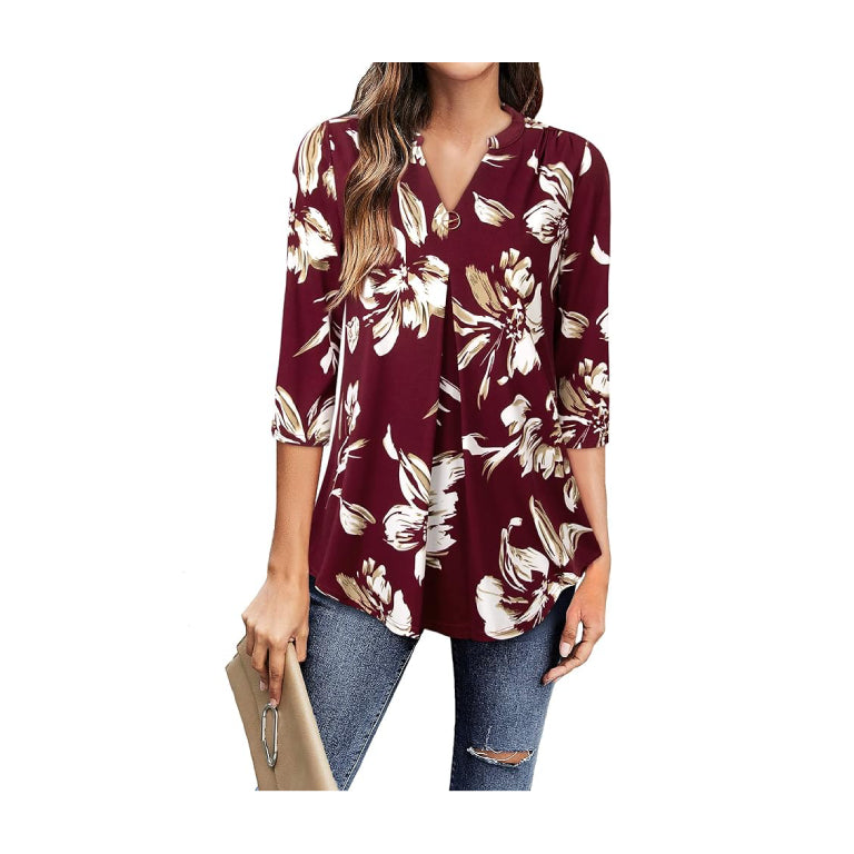 Women's Casual V Neck Alicia Floral Print Roll Up Long Sleeve Chiffon Button Down Blouses Bohemian Top Shirts