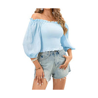 Woman Off Shoulder Ruched Tie Back Crop Top Summer Lantern Sleeve Boho Shirt Blouse