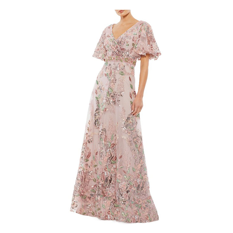 Sequin Floral Butterfly Sleeve A-Line Gown