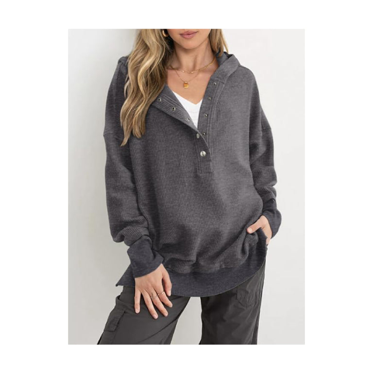Hoodies for Women Oversized Waffle Knit Drawstring Button V Neck Long Sleeve Casual Pullover Sweatshirt Hooded Tops