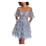 Women's Mesh Print Off the Shoulder Ruffle Fit and Flare Dress