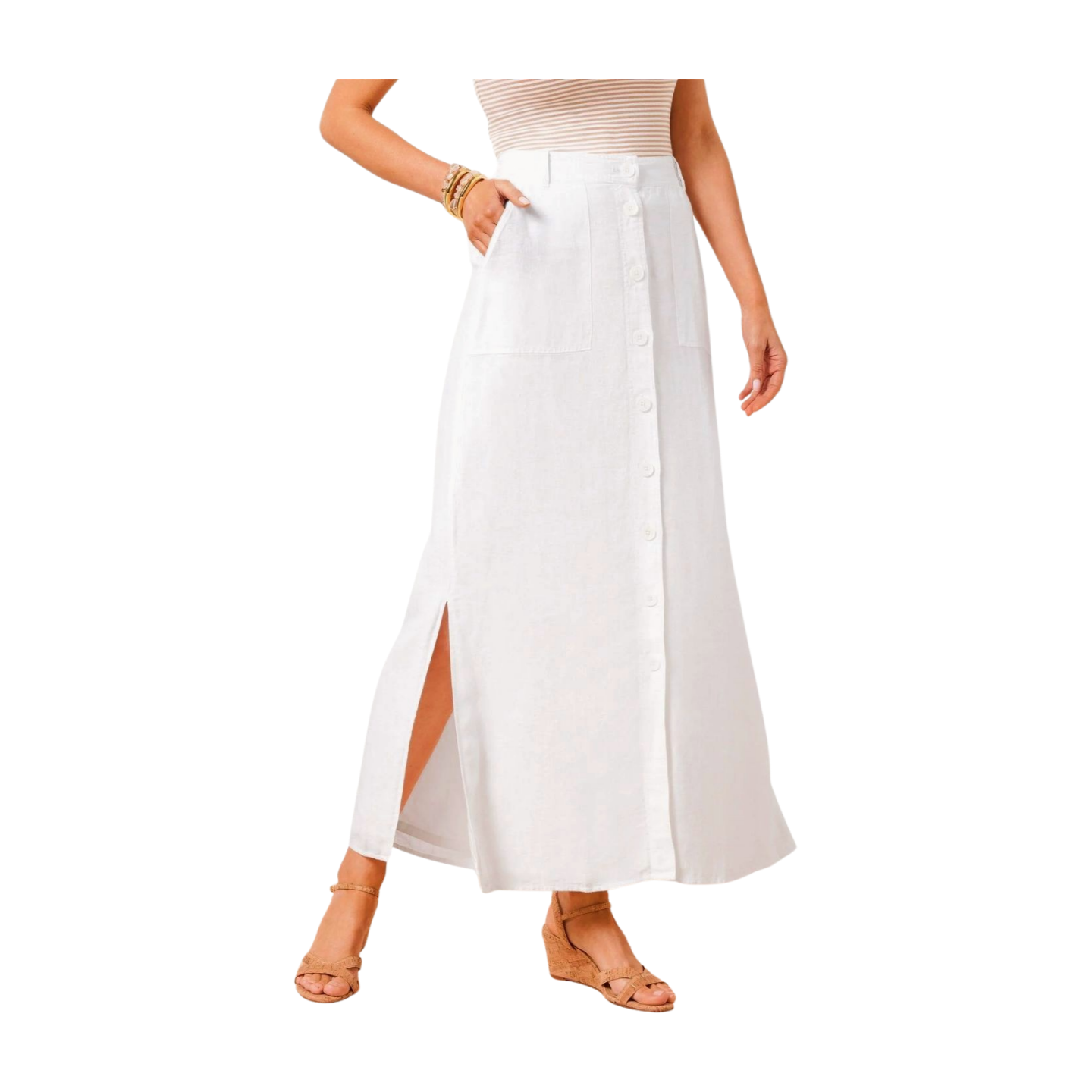 women Linen Button Down Maxi Skirt white skirt long skirt