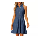 Denim Dresses for Women's Halter Neck Button Down Shirt Dress