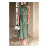 Women's 2024 Summer Satin Dress Elegant Sleeveless Mock Neck Cocktail Party Maxi Dresses