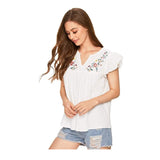 Women's Floral Embroidered V Neck Ruffle Cap Sleeve Peplum Blouse Top