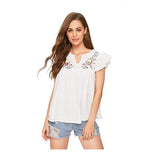 Women's Floral Embroidered V Neck Ruffle Cap Sleeve Peplum Blouse Top