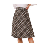 Women's Christmas Tartan Plaid High Waist Belted Vintage A-Line Midi Skirt