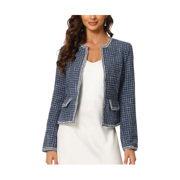 Women's Plaid Tweed Blazer Long Sleeve Open Front Work Office Short Jacket