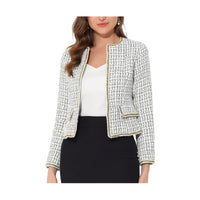 Women's Plaid Tweed Blazer Long Sleeve Open Front Work Office Short Jacket