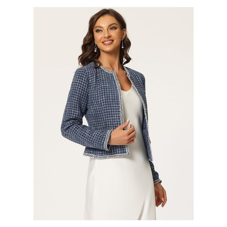 Women's Plaid Tweed Blazer Long Sleeve Open Front Work Office Short Jacket