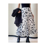 Women Tutu Tulle Skirt Elastic High Waist Layered Skirt Floral Print Mesh A-Line Midi Skirt