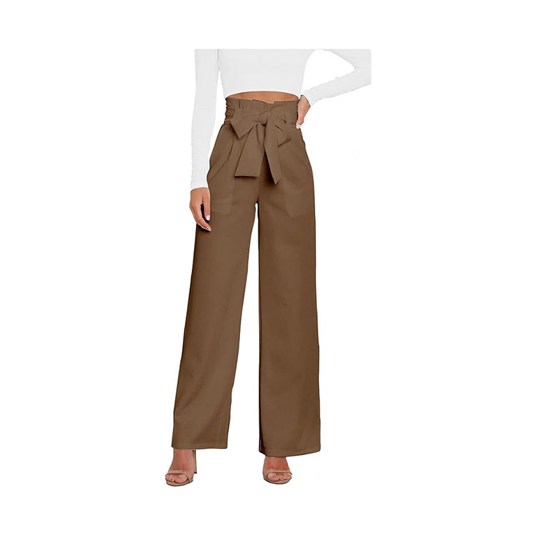 Women's Casual Wide Leg Belted Palazzo Pants High Waist Business Work Trouser with Pocket