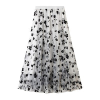 Women Tutu Tulle Skirt Elastic High Waist Layered Skirt Floral Print Mesh A-Line Midi Skirt