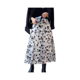 Women Tutu Tulle Skirt Elastic High Waist Layered Skirt Floral Print Mesh A-Line Midi Skirt