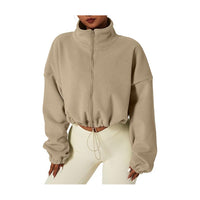 Women's Full Zip Fleece Short Jacket Warm Winter Long Sleeve Stand Collar Sherpa Crop Coat