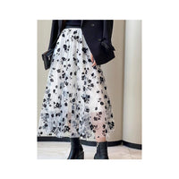Women Tutu Tulle Skirt Elastic High Waist Layered Skirt Floral Print Mesh A-Line Midi Skirt