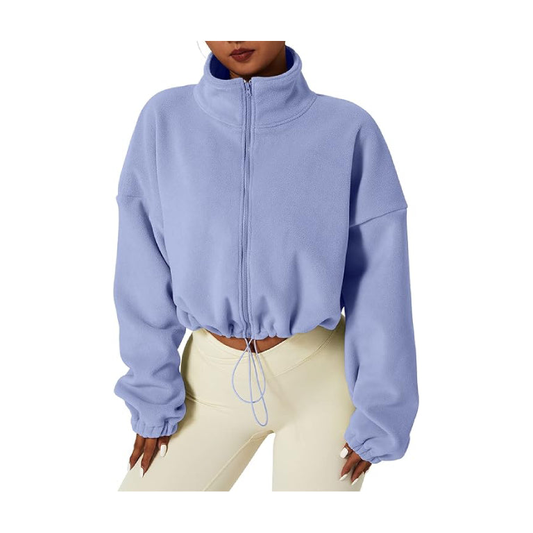 Women's Full Zip Fleece Short Jacket Warm Winter Long Sleeve Stand Collar Sherpa Crop Coat