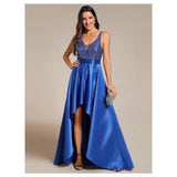 Women's Glitter V-Neck A-line High-Low Satin Prom Dress