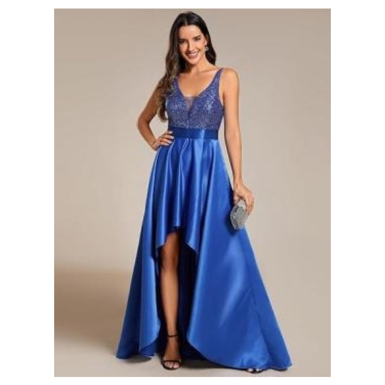 Women's Glitter V-Neck A-line High-Low Satin Prom Dress