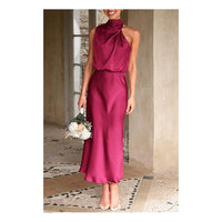 Women's 2024 Summer Satin Dress Elegant Sleeveless Mock Neck Cocktail Party Maxi Dresses