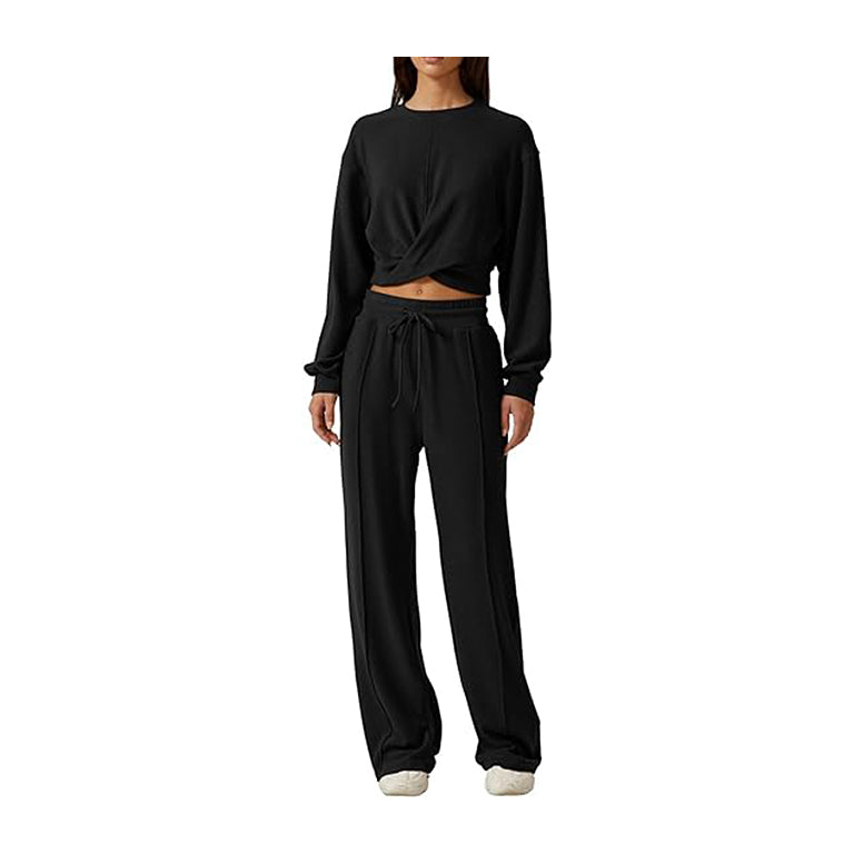 Women 2 Piece Outfits Sweatsuit Set Twist Front Cropped Sweatshirt Wide Leg Sweatpant Lounge Set Tracksuit