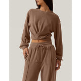 Women 2 Piece Outfits Sweatsuit Set Twist Front Cropped Sweatshirt Wide Leg Sweatpant Lounge Set Tracksuit