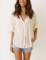 V Neck Button Down Linen Shirts Summer Beach Tops