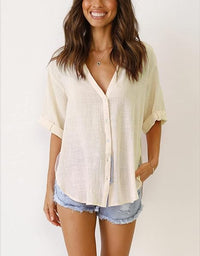 V Neck Button Down Linen Shirts Summer Beach Tops