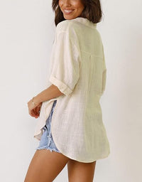 V Neck Button Down Linen Shirts Summer Beach Tops