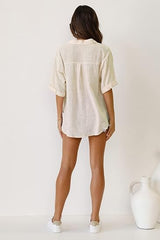 V Neck Button Down Linen Shirts Summer Beach Tops