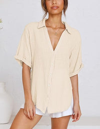 V Neck Button Down Linen Shirts Summer Beach Tops