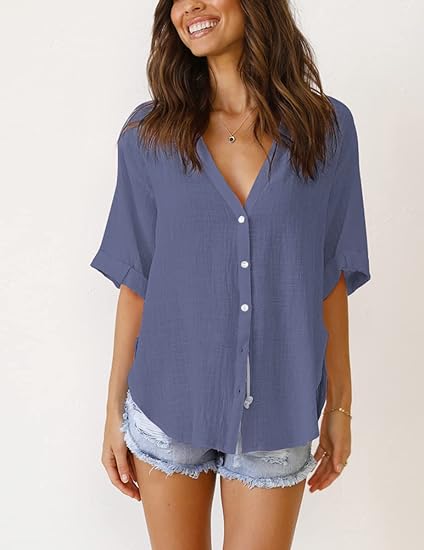 V Neck Button Down Linen Shirts Summer Beach Tops