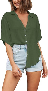 V Neck Button Down Linen Shirts Summer Beach Tops