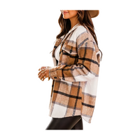 Women's Flannel Plaid Shacket Long Sleeve Button Down Shirts Jacket Coats with Side Pockets