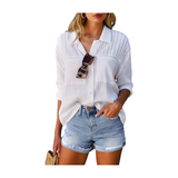 Womens Casual Button Down Long Sleeve Shirts V Neck Roll Up Cuffed Sleeve Work Solid Blouse Tops with Pockets