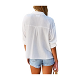 Womens Casual Button Down Long Sleeve Shirts V Neck Roll Up Cuffed Sleeve Work Solid Blouse Tops with Pockets