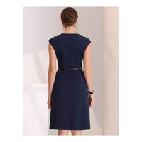 Women's Elegant Business Round Neck Belted Cap Sleeve Work Sheath Dresses