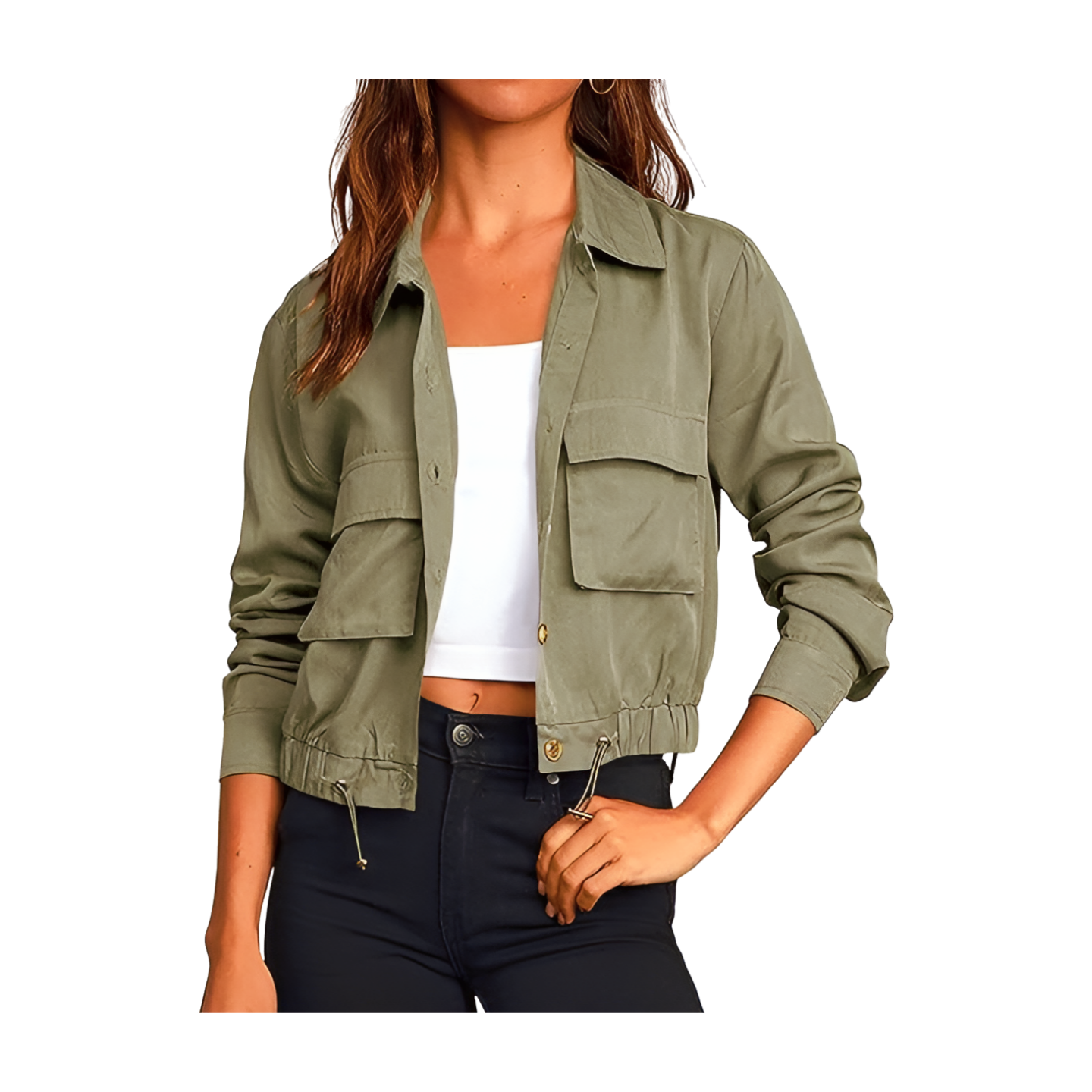 Women's Military Safari Cropped Jackets Button Down Lightweight Oversized Utility Anorak Coat with Pockets