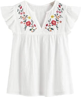 Women's Floral Embroidered V Neck Ruffle Cap Sleeve Peplum Blouse Top