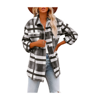 Women's Flannel Plaid Shacket Long Sleeve Button Down Shirts Jacket Coats with Side Pockets