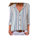 V Neck Striped Roll up Sleeve Button Down Blouses