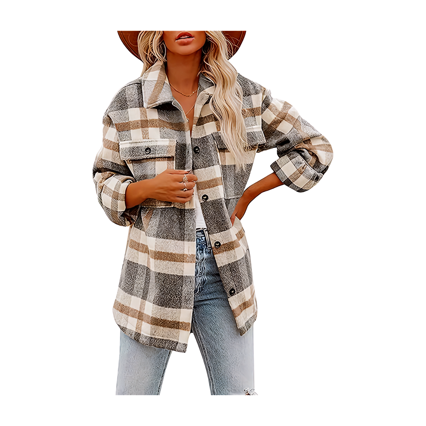 Women's Flannel Plaid Shacket Long Sleeve Button Down Shirts Jacket Coats with Side Pockets