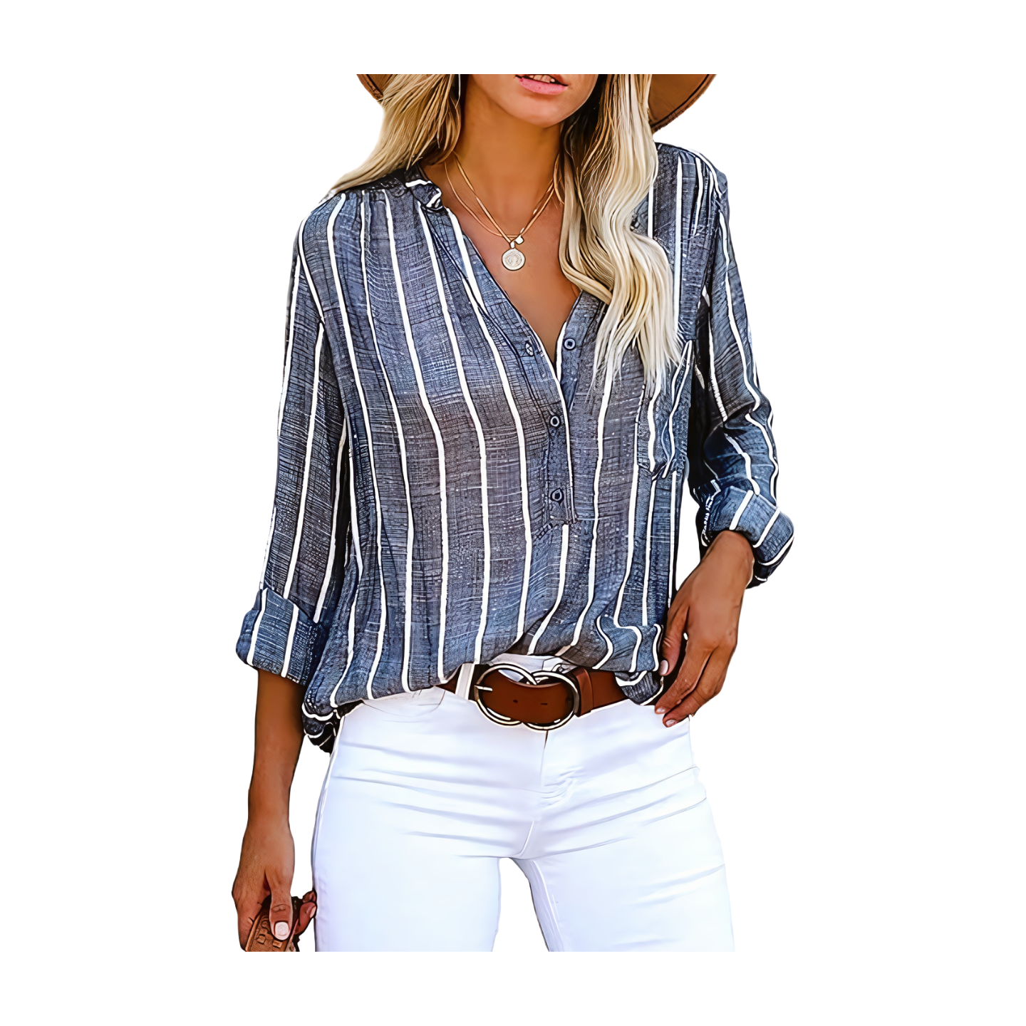 V Neck Striped Roll up Sleeve Button Down Blouses