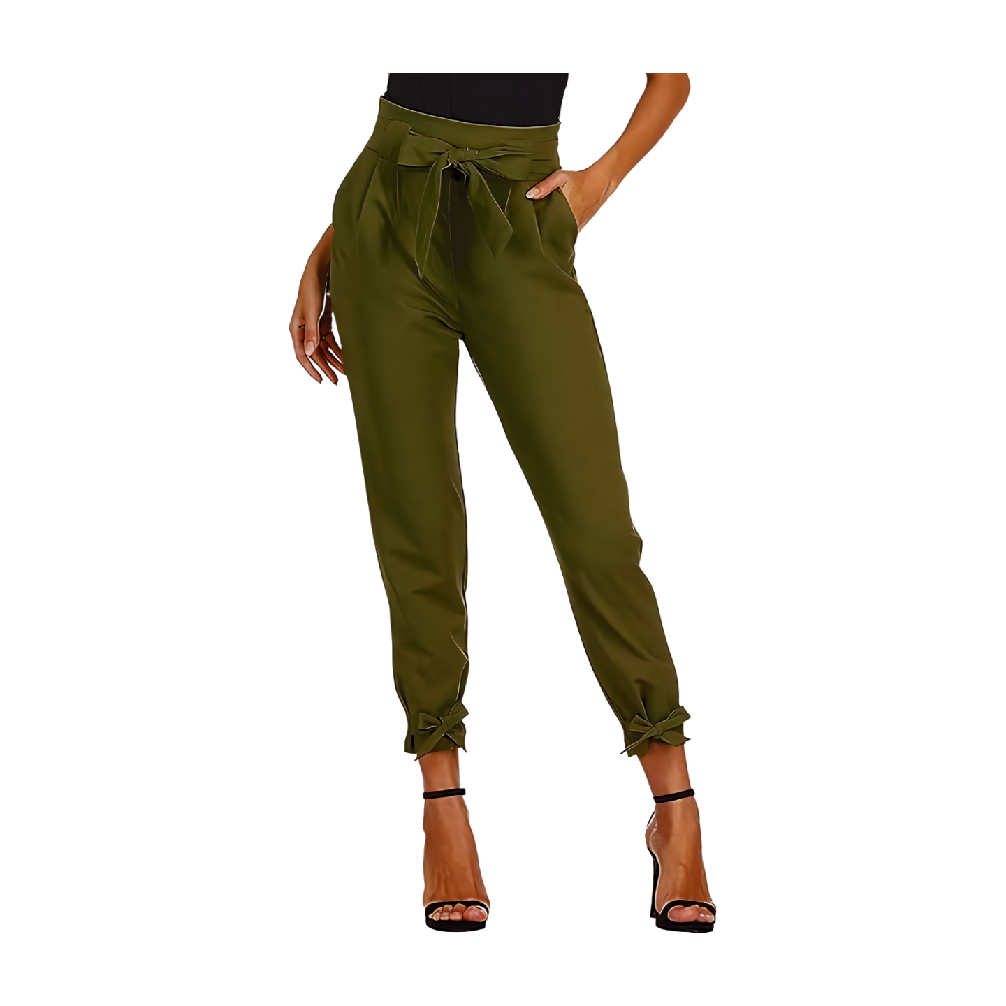  Womens Casual High Waist Pencil Pants with Pockets Bow-Knot Cropped Paper Bag Pants for Work