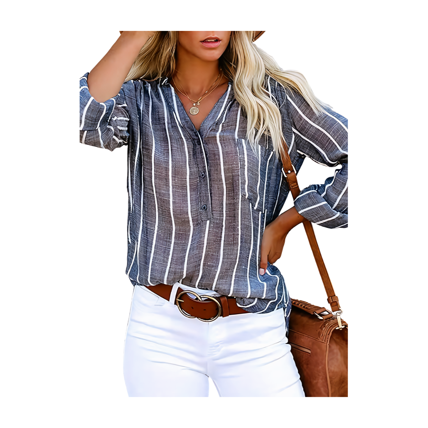 V Neck Striped Roll up Sleeve Button Down Blouses