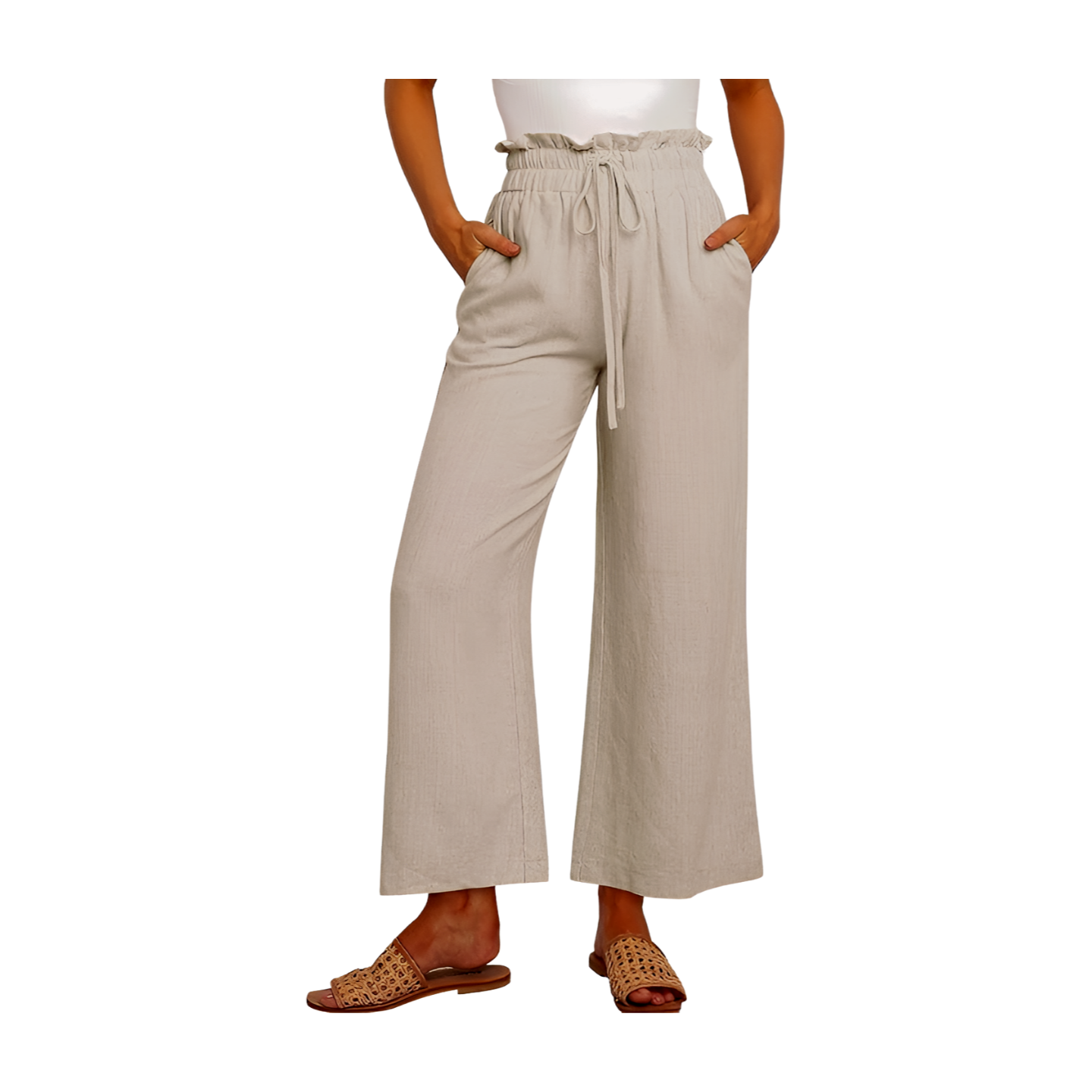 Women Linen Pants Casual Loose High Waist Boho Wide Leg Cropped Palazzo Beach Pants Summer Outfits 2024 Trendy