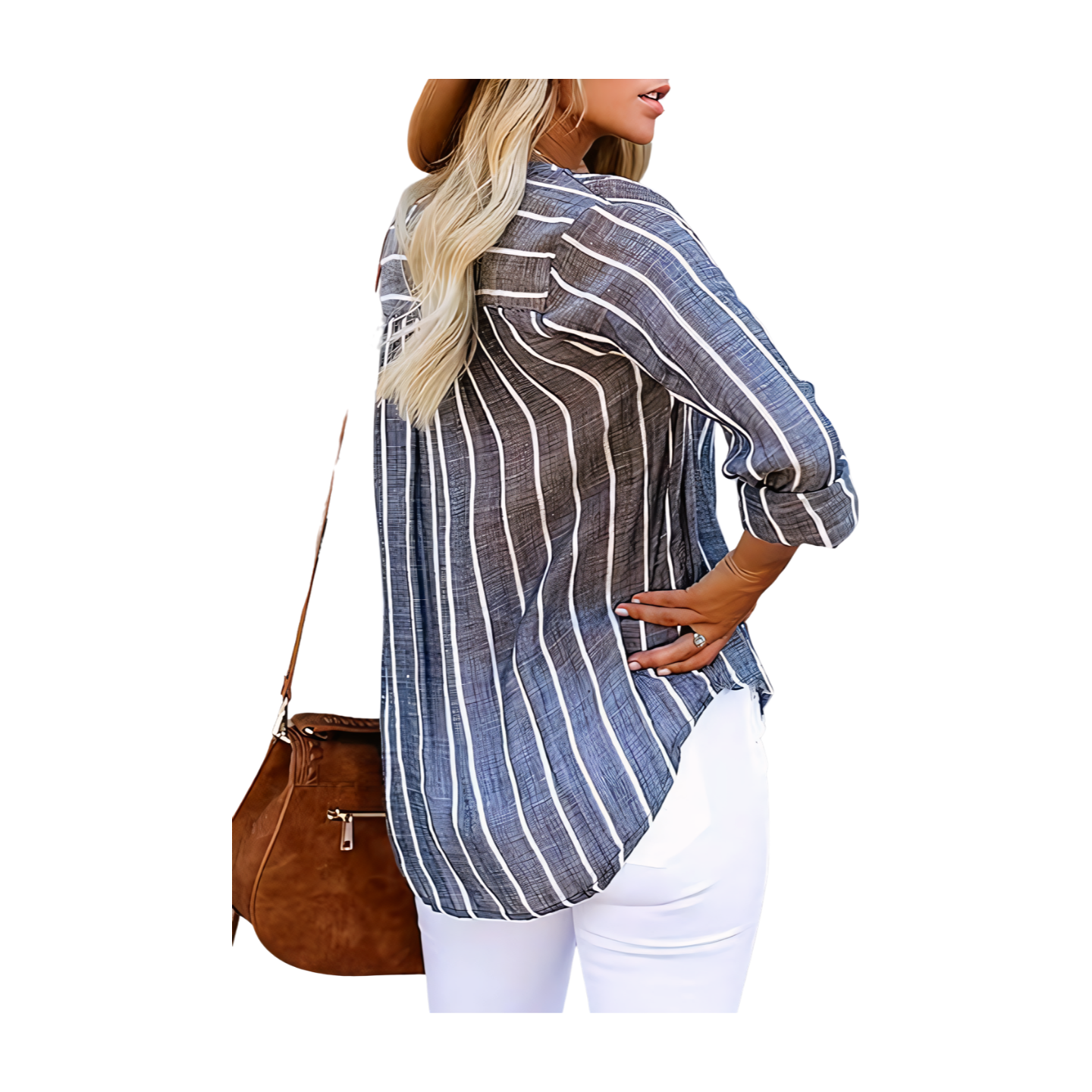 V Neck Striped Roll up Sleeve Button Down Blouses