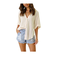 V Neck Button Down Linen Shirts Summer Beach Tops